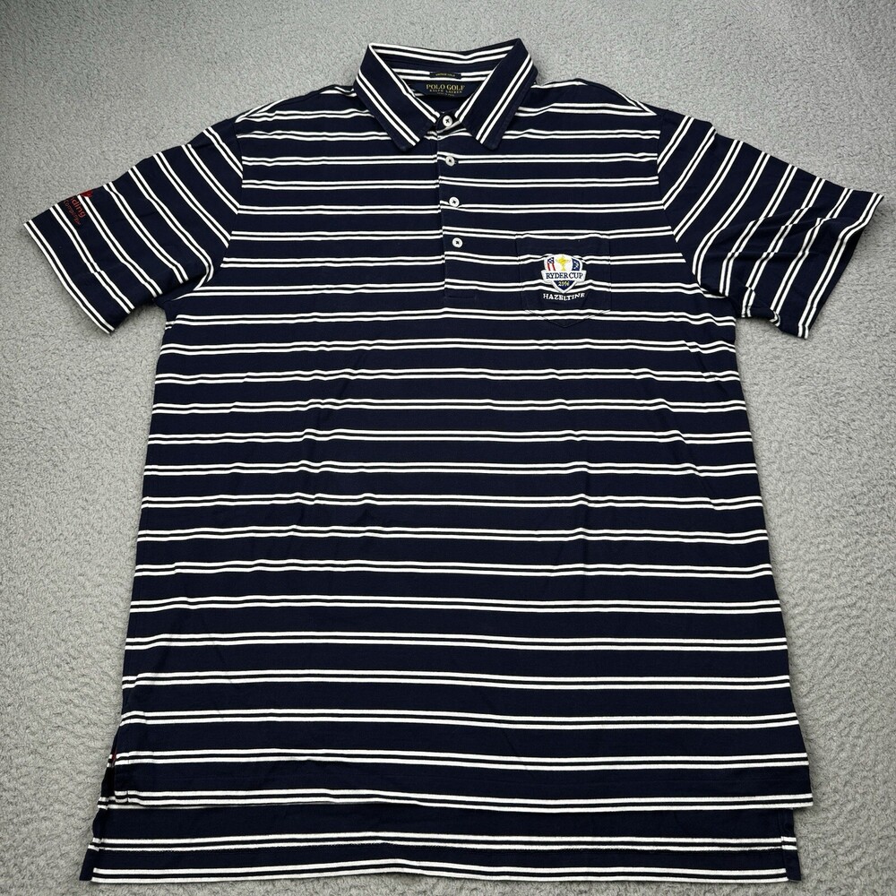 POLO RALPH LAUREN Shirt Mens Large Blue Stripe Hazeltine Ryder Cup Vintage Lisle